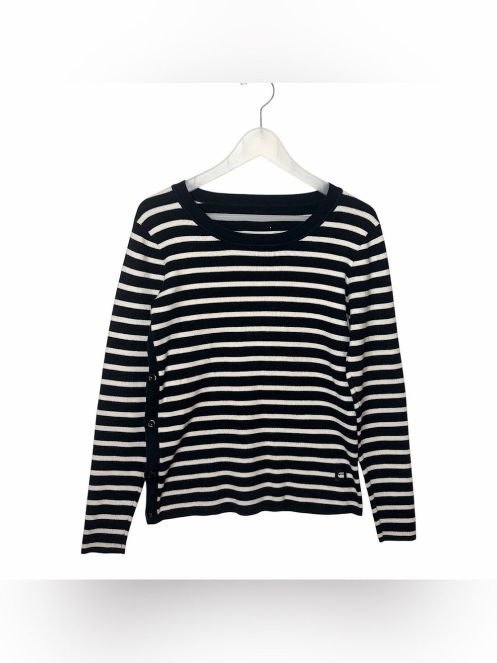 G-star RAW Iria Womens L Striped Knit Pullover Sweater Black White Side Buttons